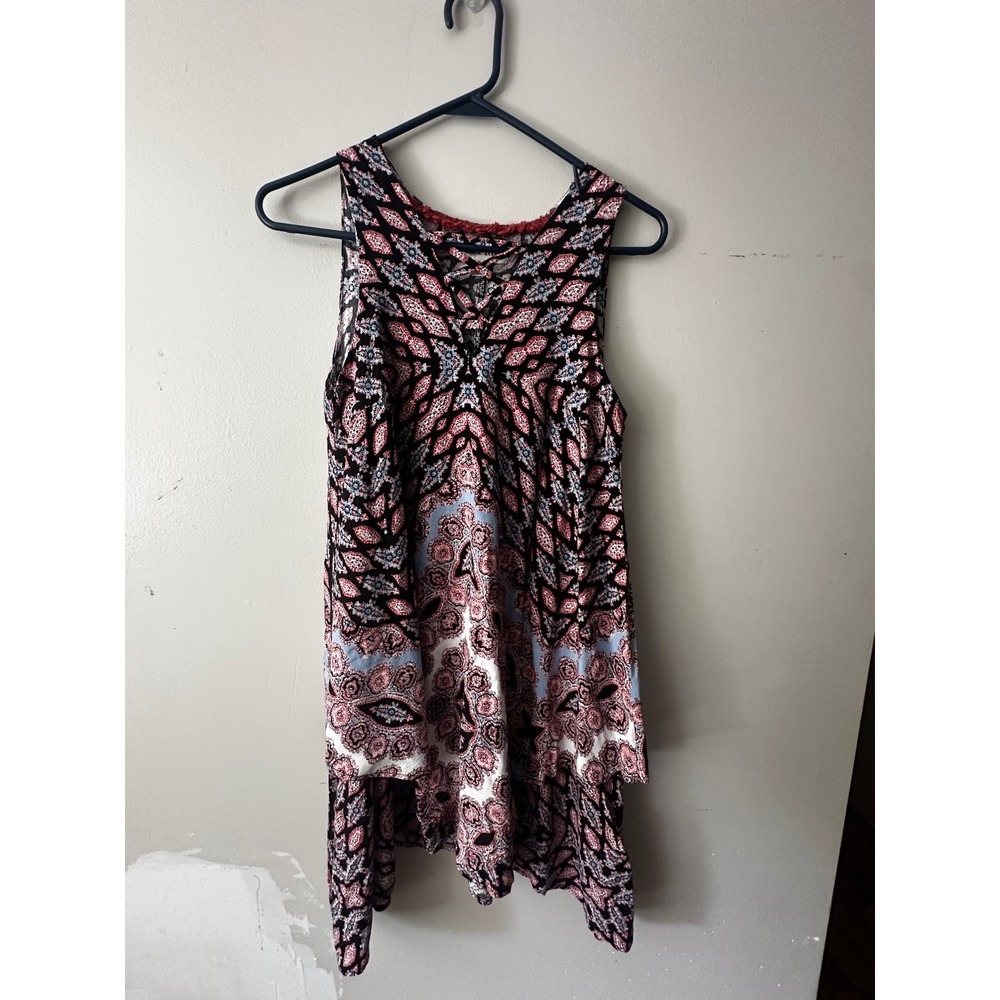 Knox Rose Womens Boho Paisley Lace Up Sharkbite Hem Sleeveless Tunic Top XS